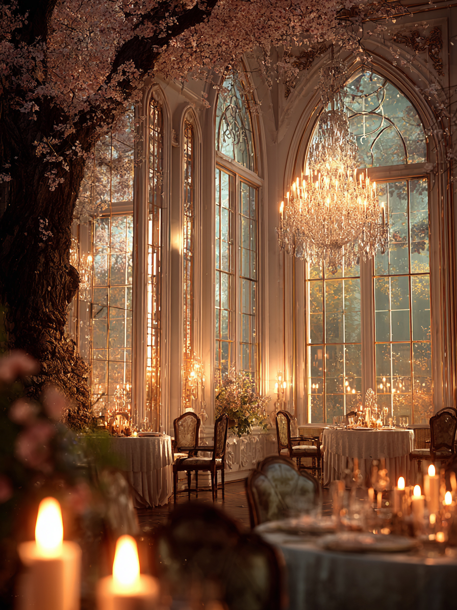 Secret Reverie golden hour interior with warm light through arched windows